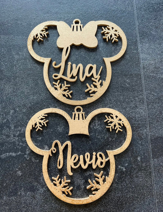 Weihnachtsbaumschmuck Holzvariante "Minnie und Mickey Mouse" mit Namen