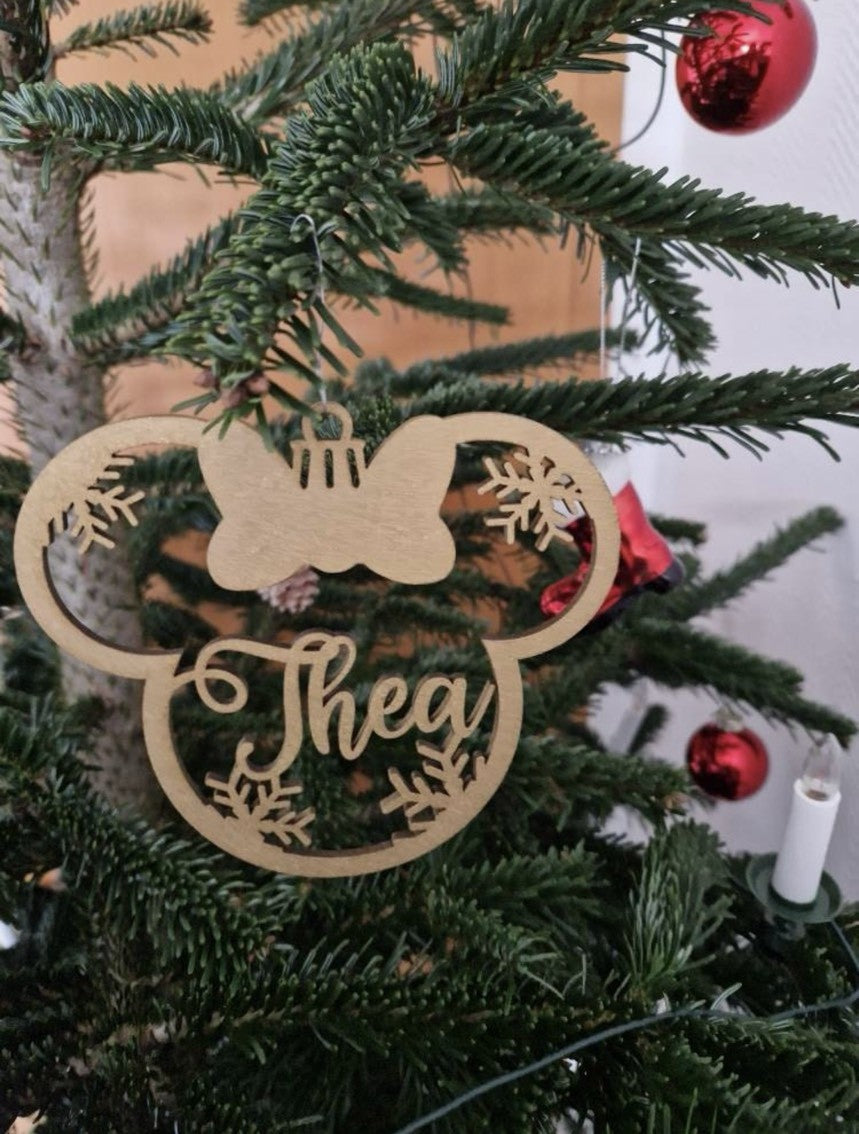 Weihnachtsbaumschmuck Holzvariante "Minnie und Mickey Mouse" mit Namen
